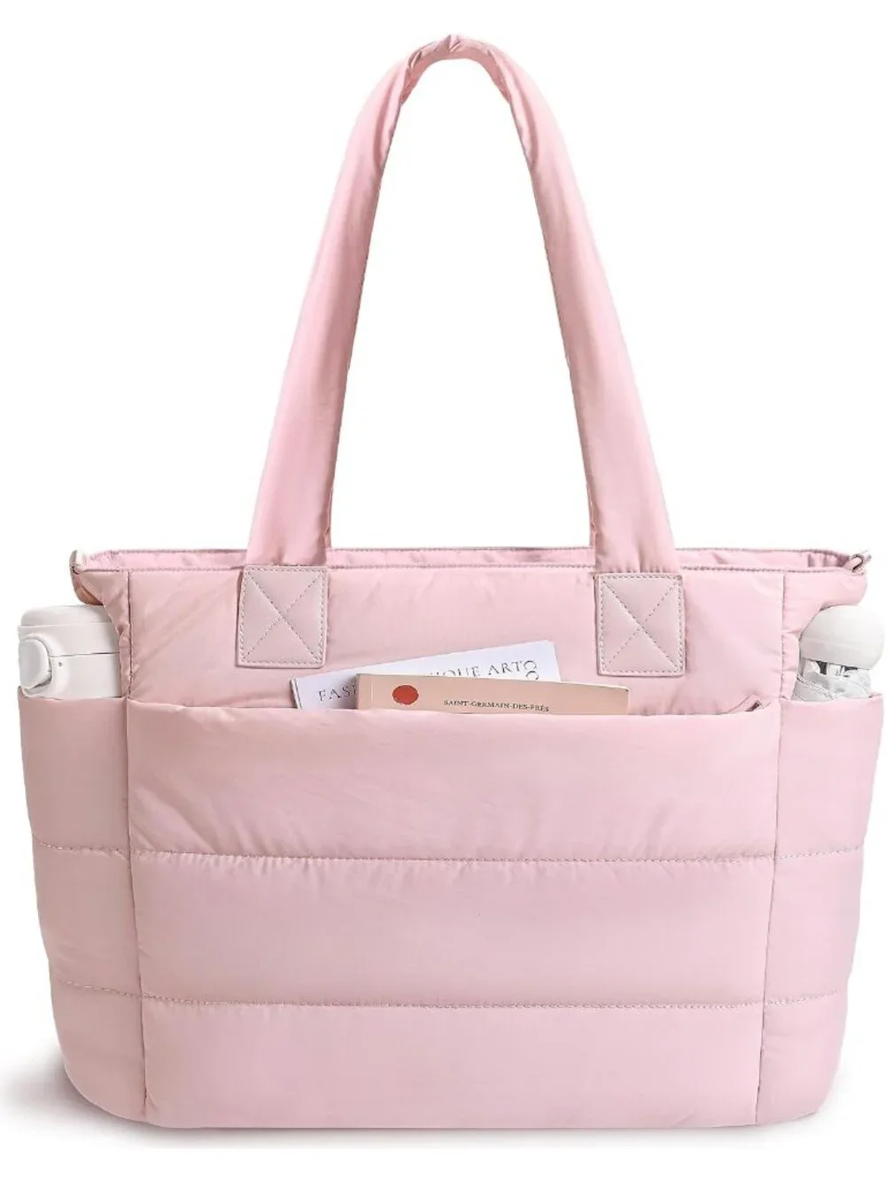 👜Women's Light Pink Quilted Puffer Tote Bag Lightweight Work For Travel Handbag